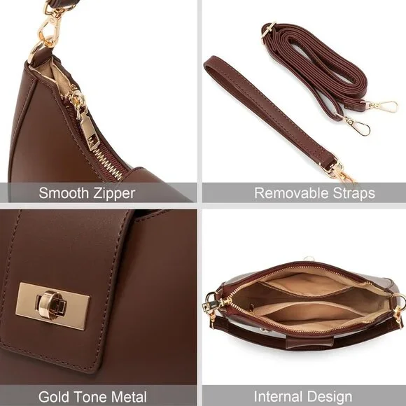 Brown vegan leather shoulder bag with multiple styles, 9.8x5.5x2.5 inches - Picture 6 of 7